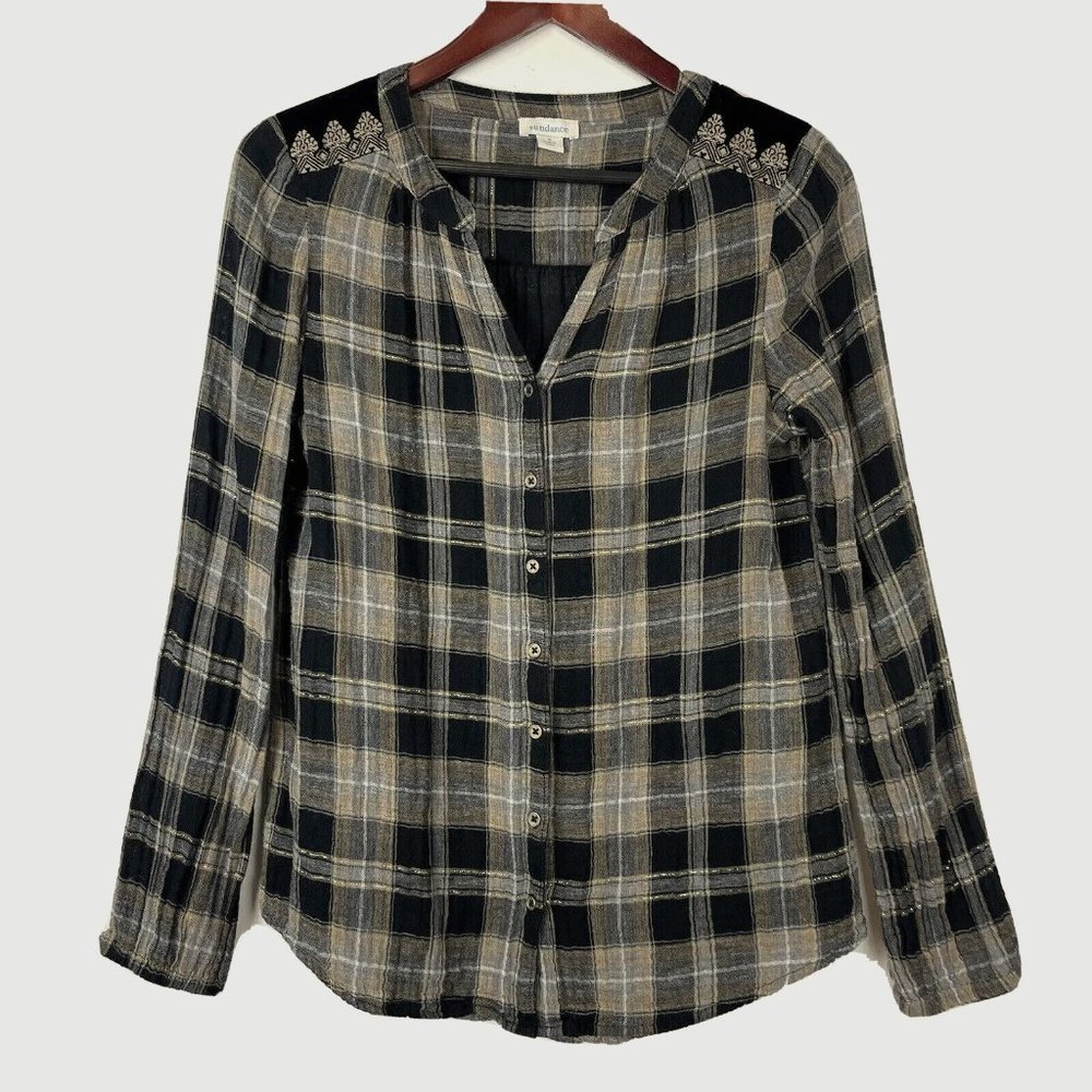 Sundance Regal Plaid Black Brown Gold Metallic Stripe Velvet Button Down Top S